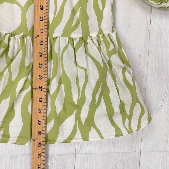 Zara Printed Babydoll Dress S Green Balloon Sleeves Tiered Mini V Neck Tie Fall - Picture 13 of 15